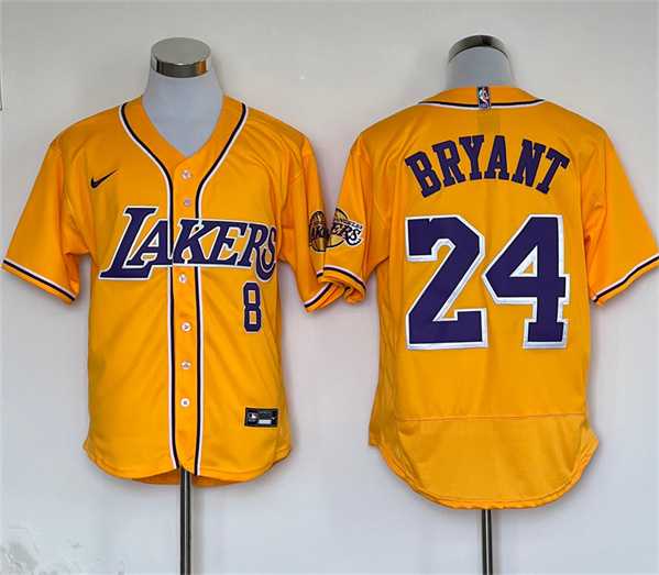 Men%27s Los Angeles Lakers Front #8 Back #24 Kobe Bryant Yellow Stitched Baseball Jersey